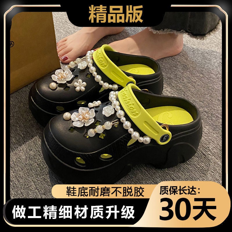 Chic Thick-sole Peep-toe Sandals for Petite Women Summer 2024 Black green [black label premium edition] fbj