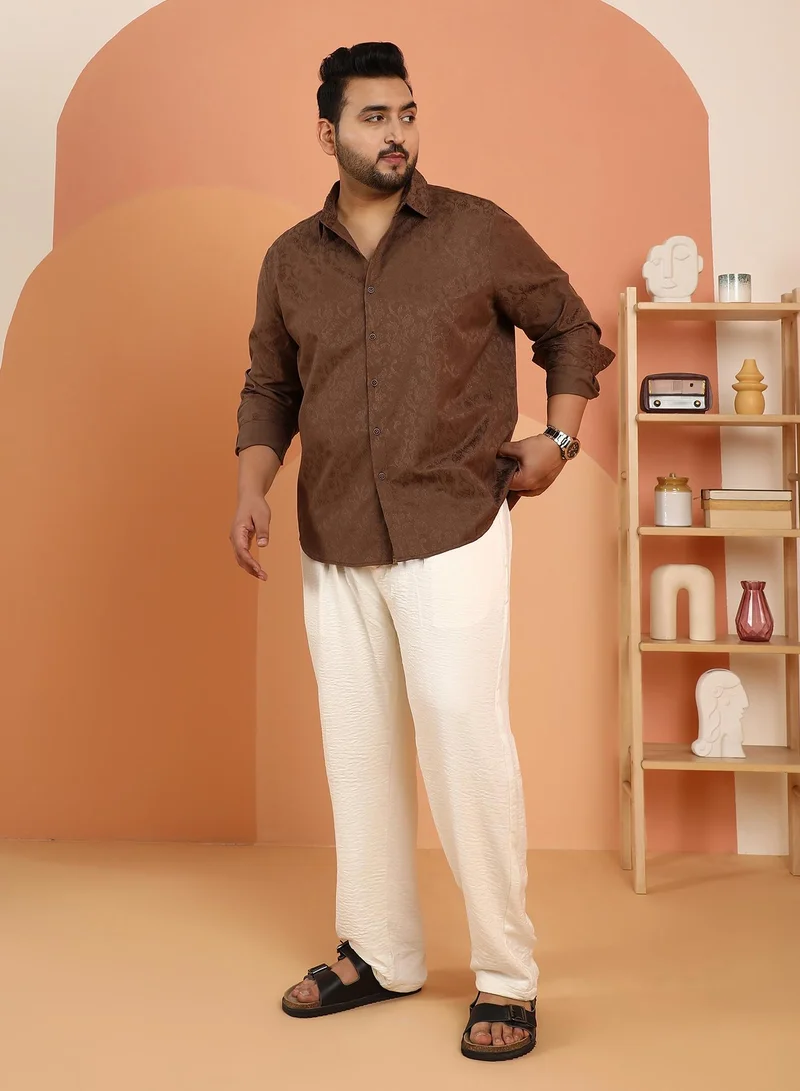 Instafab Plus Instafab Plus Men's Chocolate Brown Bloom-Jacquard Shirt For Casual Wear | Spread Collar | Long Cuffed Sleeves | Button Closure | Plus Size Shirt Crafted With Comfort Fit For Everyday Wear