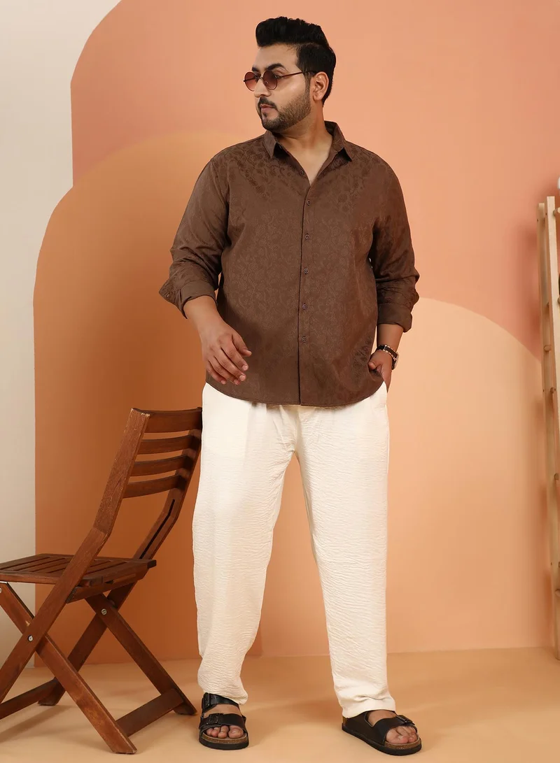 Instafab Plus Instafab Plus Men's Chocolate Brown Bloom-Jacquard Shirt For Casual Wear | Spread Collar | Long Cuffed Sleeves | Button Closure | Plus Size Shirt Crafted With Comfort Fit For Everyday Wear