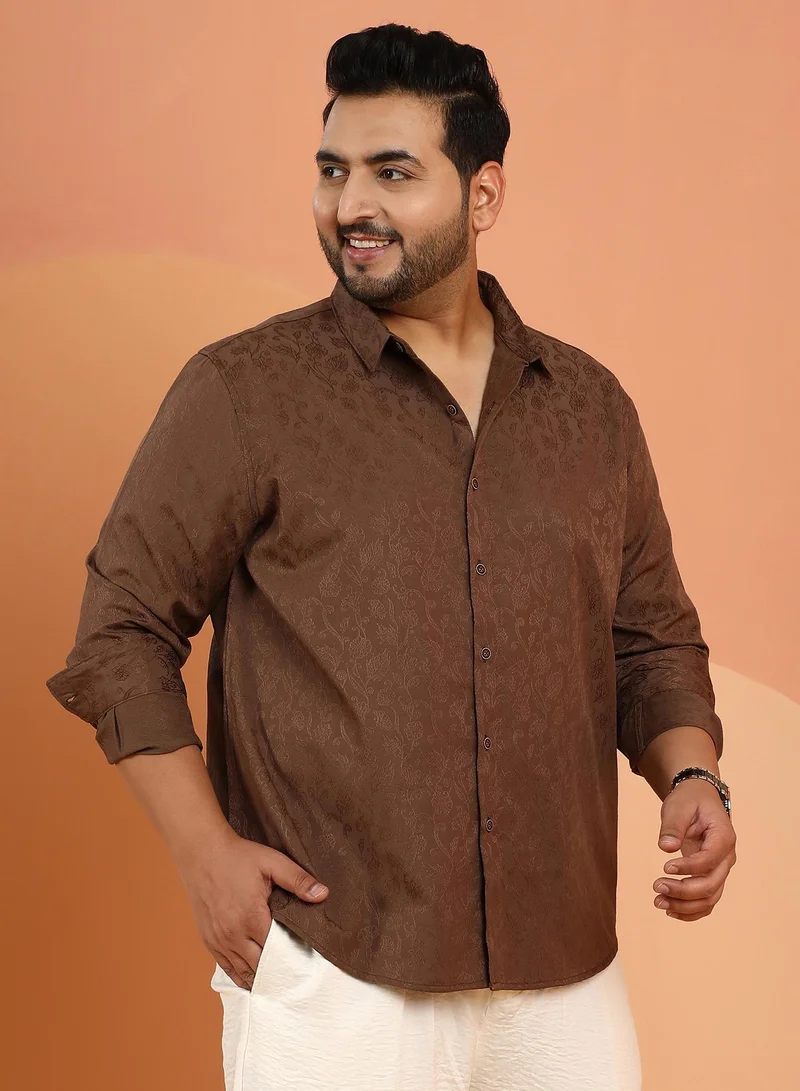 Instafab Plus Instafab Plus Men's Chocolate Brown Bloom-Jacquard Shirt For Casual Wear | Spread Collar | Long Cuffed Sleeves | Button Closure | Plus Size Shirt Crafted With Comfort Fit For Everyday Wear