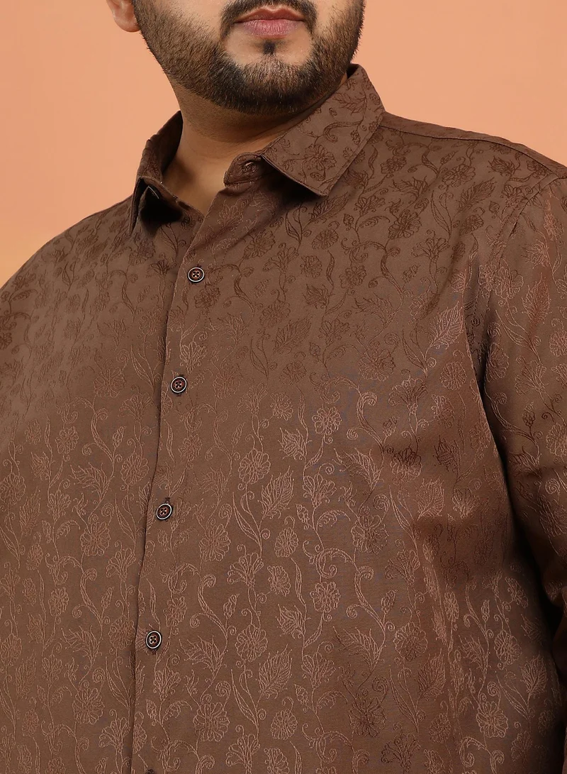 Instafab Plus Instafab Plus Men's Chocolate Brown Bloom-Jacquard Shirt For Casual Wear | Spread Collar | Long Cuffed Sleeves | Button Closure | Plus Size Shirt Crafted With Comfort Fit For Everyday Wear