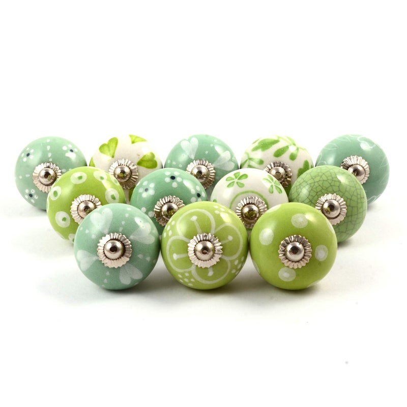 Eleet Handpainted Designer Ceramic Knobs Pack of 12 Green White Vintage Cabinet Cupboard Door Drawer Pulls Chrome Hardware 12 Green White