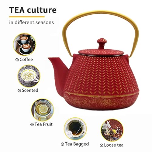 YJX Small Cast Iron Tea Kettle for Stovetop Safe, Red Tea Pot Coated with Enameled Interior, Durable Teapot with Stainless Steel Infuser for Loose Leaf (1000ml/34oz) - Image 5