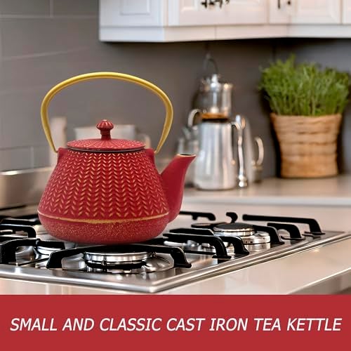 YJX Small Cast Iron Tea Kettle for Stovetop Safe, Red Tea Pot Coated with Enameled Interior, Durable Teapot with Stainless Steel Infuser for Loose Leaf (1000ml/34oz) - Image 2