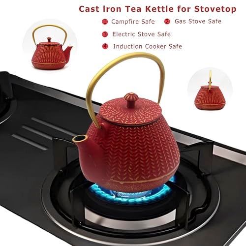 YJX Small Cast Iron Tea Kettle for Stovetop Safe, Red Tea Pot Coated with Enameled Interior, Durable Teapot with Stainless Steel Infuser for Loose Leaf (1000ml/34oz) - Image 4
