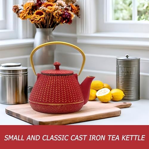 YJX Small Cast Iron Tea Kettle for Stovetop Safe, Red Tea Pot Coated with Enameled Interior, Durable Teapot with Stainless Steel Infuser for Loose Leaf (1000ml/34oz) - Image 3
