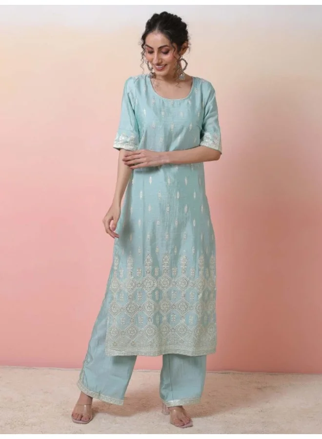 أيه كيه إس Ethnic Motifs Embroidered Regular Chanderi Silk Kurta With Palazzo