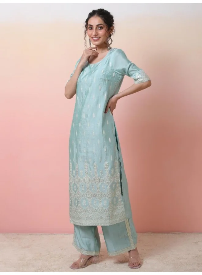 أيه كيه إس Ethnic Motifs Embroidered Regular Chanderi Silk Kurta With Palazzo