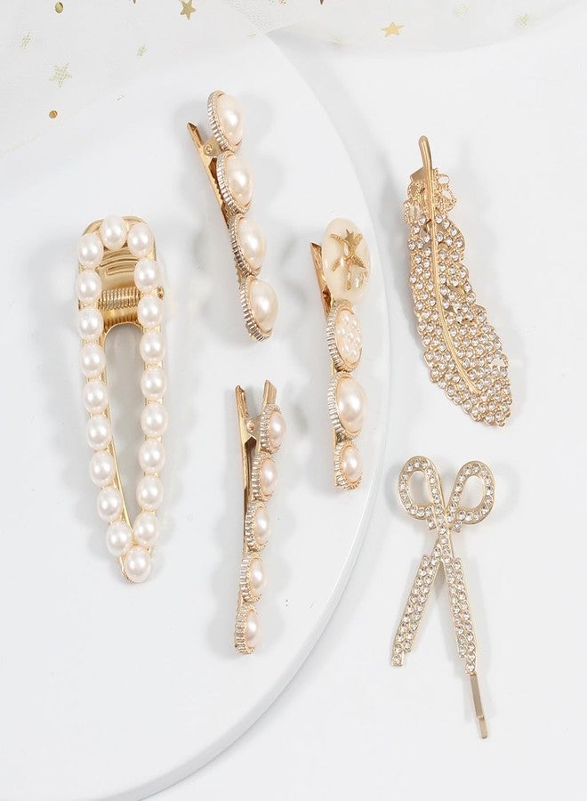 Merdia 6 PCS Simulated Pearl Hair Clips for Women | Unique Patterns & Shapes Barrettes for Thick Hair | Hair Barrettes for Women, Short Hair Accessories | Alligator Bobby Clips for Hair | Hair Pins, (Gold) - Image 3