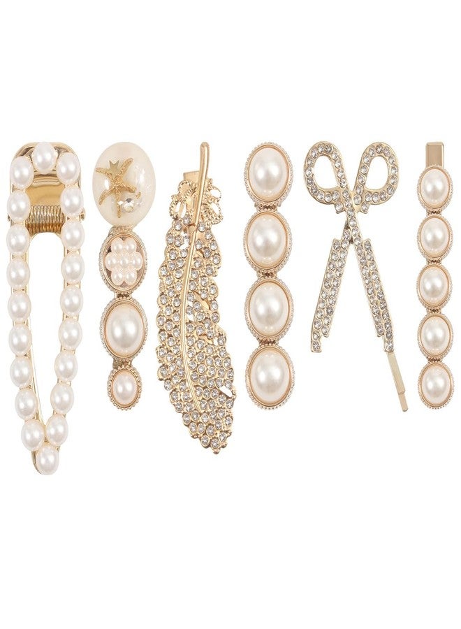 Merdia 6 PCS Simulated Pearl Hair Clips for Women | Unique Patterns & Shapes Barrettes for Thick Hair | Hair Barrettes for Women, Short Hair Accessories | Alligator Bobby Clips for Hair | Hair Pins, (Gold) - Image 1