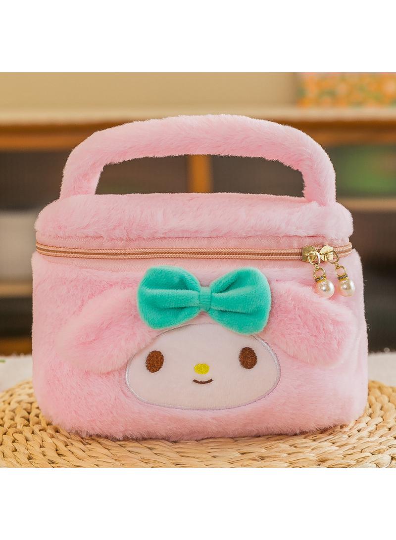 Y&D Cute Plush Mymelody Makeup Bag handbag  Open Flat Travel Toiletry Accessories Organizer Cosmetic Pouch with Handle for Cosmetics Brushes Toiletry Jewelry