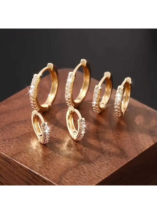 aeen 3 Pairs Gold-Plated Hoop Earrings Set – Elegant Crystal-Inlaid Minimalist Hoops for Women, Stylish Everyday & Party Jewelry Gift Set - Image 1