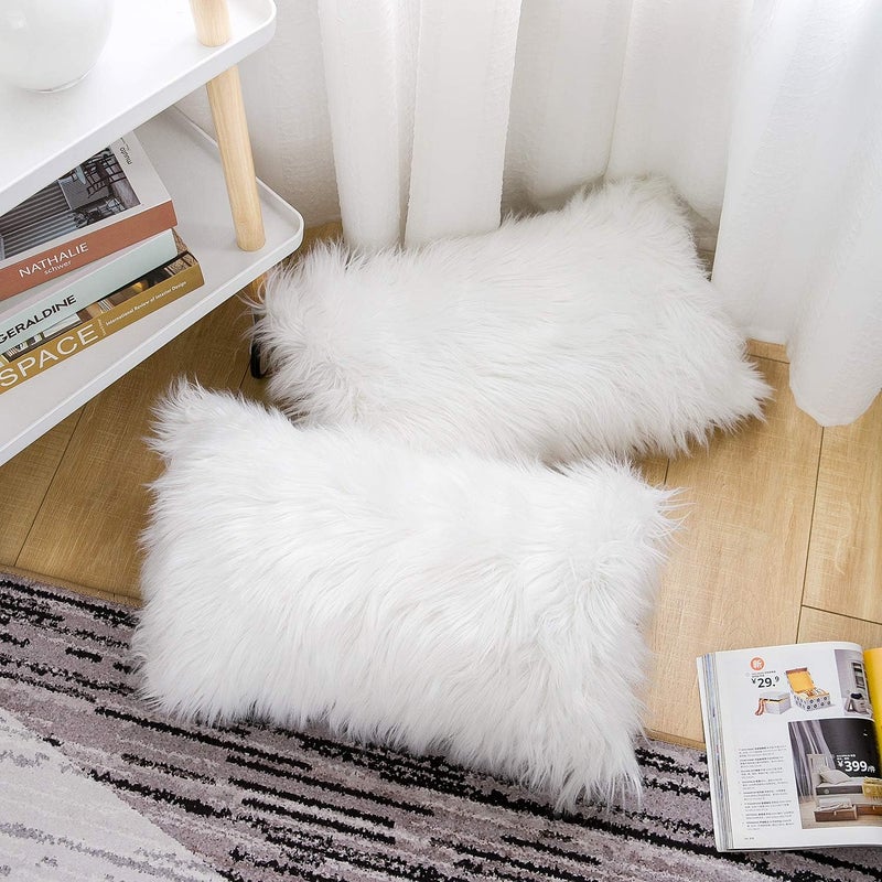 WLNUI Globally trusted affordable quality Set of 2 White Decorative Lumbar Fluffy Pillow Covers New Luxury Series Merino Style Faux Fur Throw Pillow Covers Fuzzy Cushion Case 12x20 Inch Reliable durability - Image 4