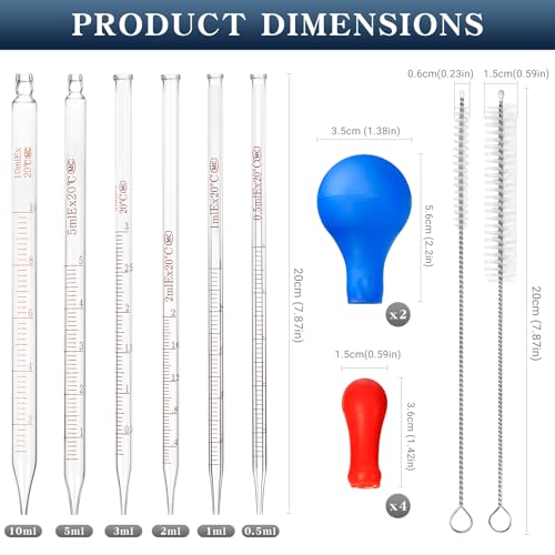 HOAOH 6 Pieces Glass Pipettes 10ml 5ml 3ml 2ml 1ml 0.5ml Glass Graduated Dropper Pipette for School, Students, Transfer for Liquid Essential Oil - Image 3