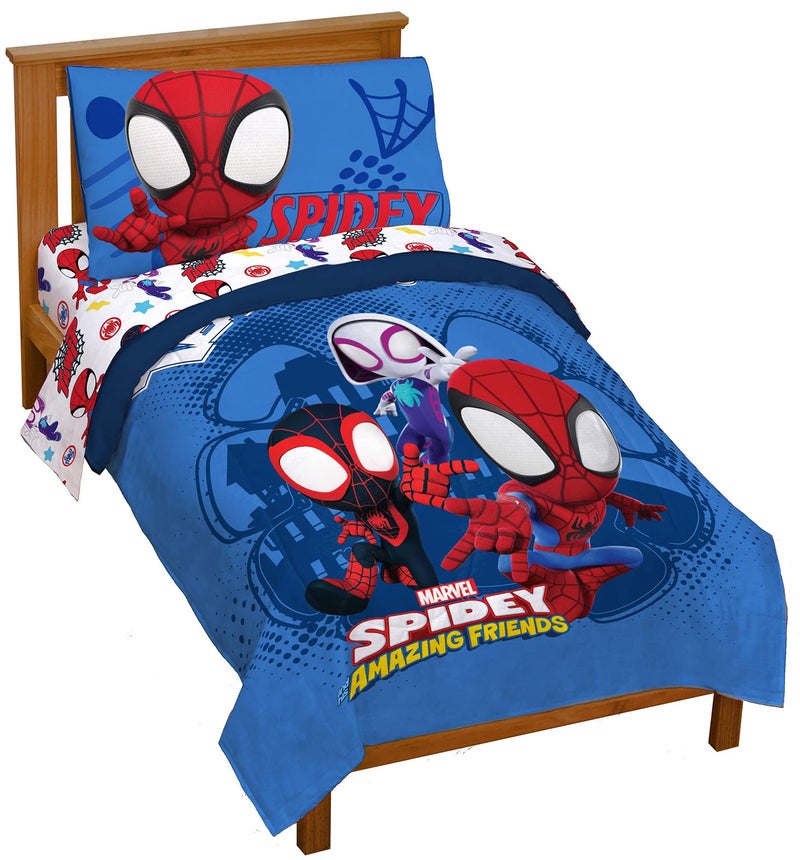 Jay Franco Marvel Spidey and His Amazing Friends Team Spidey 4 Piece Toddler Size Bed Set  Super Soft Microfiber  Includes Comforter  Sheet Set Bedding Official Marvel Product
