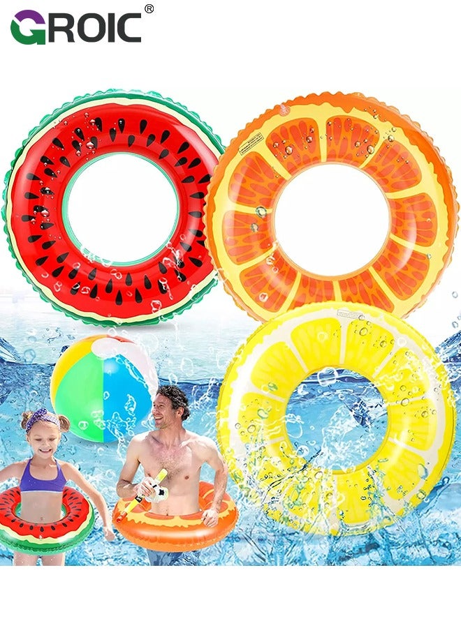GROIC 3 PCS Swimming Rings with 1 Beach Ball Inflatable Pool Floats for Kids Adults 32.7'' Fruits Pool Floaties Rings Tube Toys for Summer Beach Water Float Party, Swimming Pool, Ocean, Beach Time - Image 1