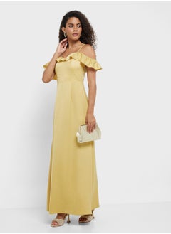 Little Mistress Yellow Frill Cold-Shoulder Maxi Dress  - Image 1