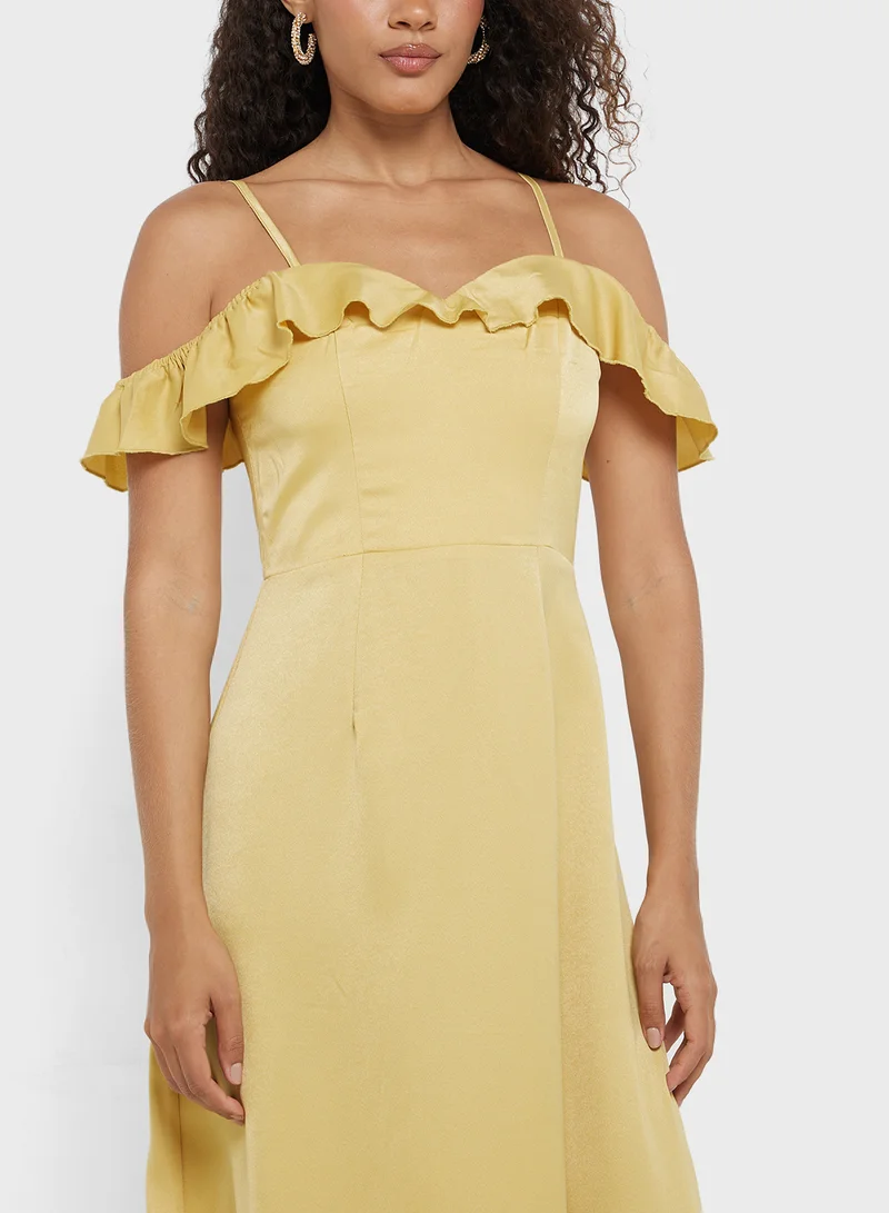 Little Mistress Ruffled Shoulder Maxi Dress
