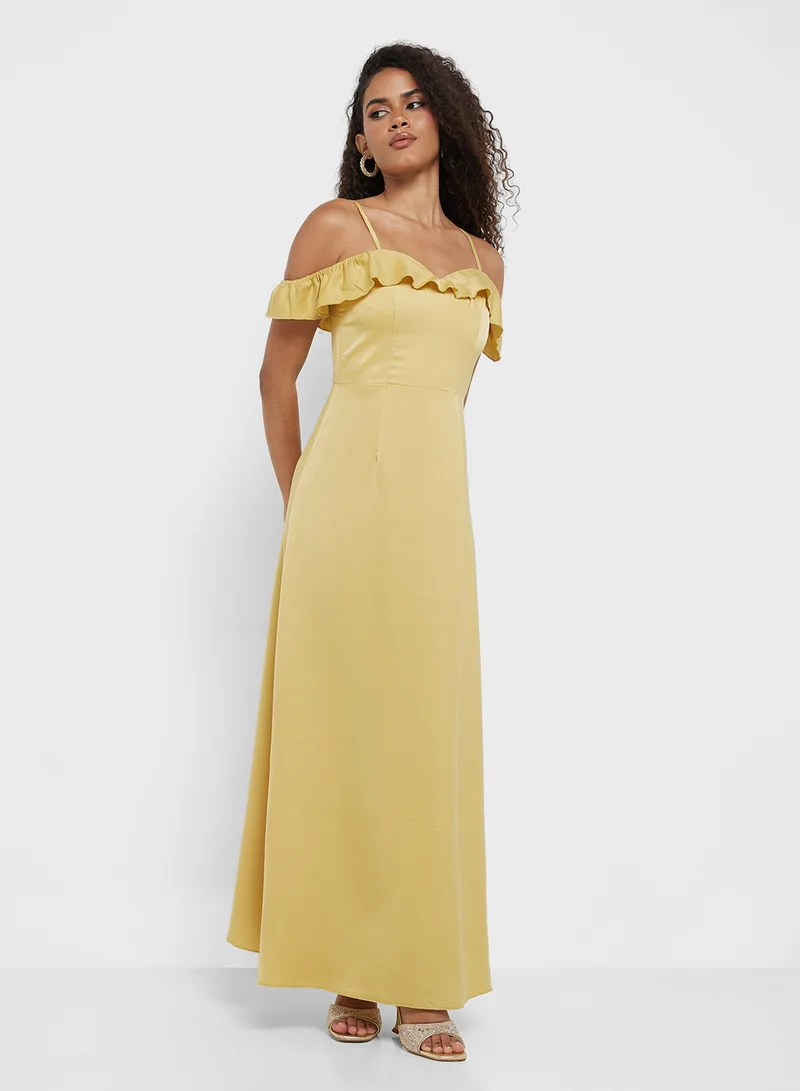 Little Mistress Ruffled Shoulder Maxi Dress