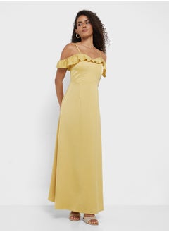 Little Mistress Yellow Frill Cold-Shoulder Maxi Dress  - Image 4