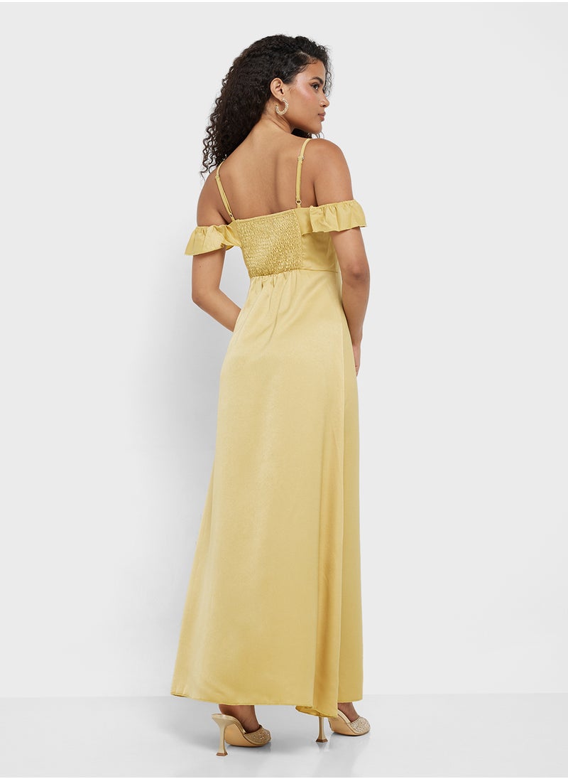 Little Mistress Yellow Frill Cold-Shoulder Maxi Dress  - Image 2