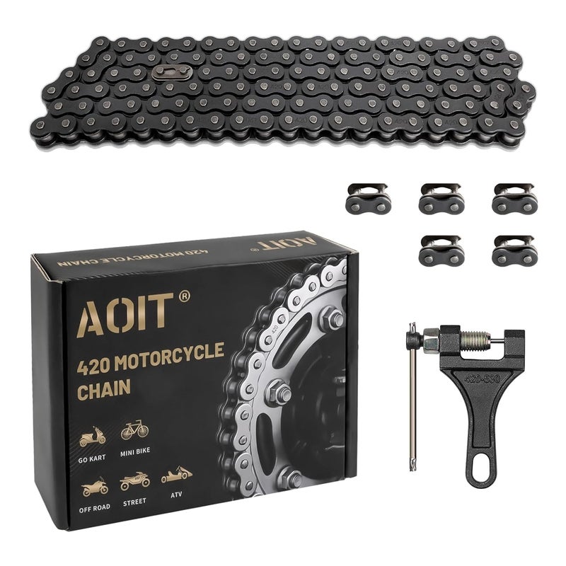 AOIT 420 Motorcycle Chain Total 110 Links - 420 Standard Roller Chain for 110cc 125cc Go Kart Dirt Pit Bike ATV Quad Scooter Mini Bike, Free Chain Breaker Included - Image 1