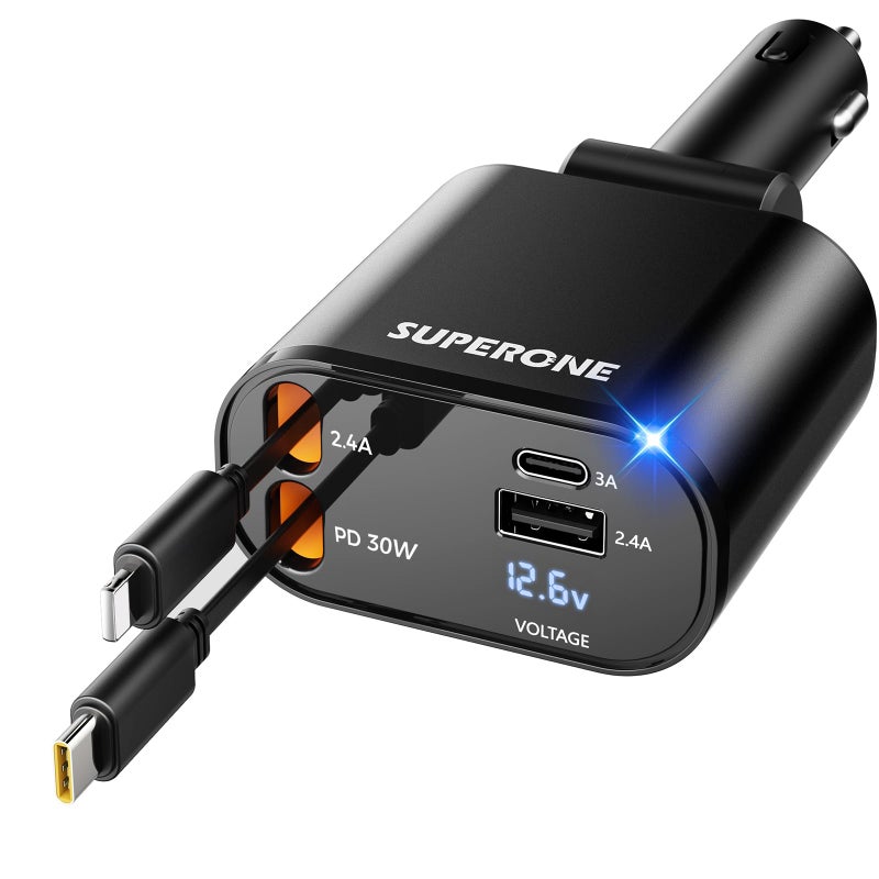 SUPERONE ã€Upgradedã€‘ SUPERONE Retractable Car Charger 4 in 1, Fast Car Phone Charger with Cord 2.6ft, USB C and Apple Car Adapter, Compatible with iPhone 17 16 15/15 Pro Max/14/13/12/11, Galaxy, Pixel - Image 1