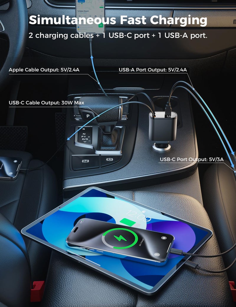 SUPERONE ã€Upgradedã€‘ SUPERONE Retractable Car Charger 4 in 1, Fast Car Phone Charger with Cord 2.6ft, USB C and Apple Car Adapter, Compatible with iPhone 17 16 15/15 Pro Max/14/13/12/11, Galaxy, Pixel - Image 5