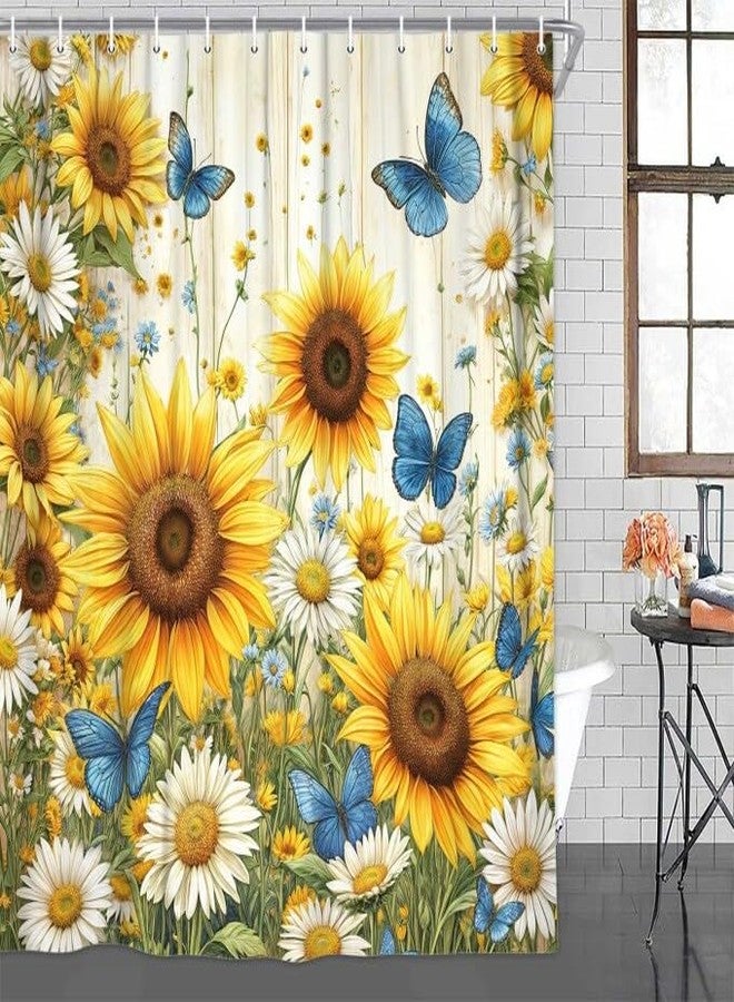 Drgilau Sunflower Shower Curtain, Farmhouse Rustic Country Shower Curtain Rustic Sunflower Shower Curtain Set, Waterproof Yellow Floral Bathroom Curtain Decor Rustic Floral Bath Curtain, Yellow-2 72X72 Inch - Image 2