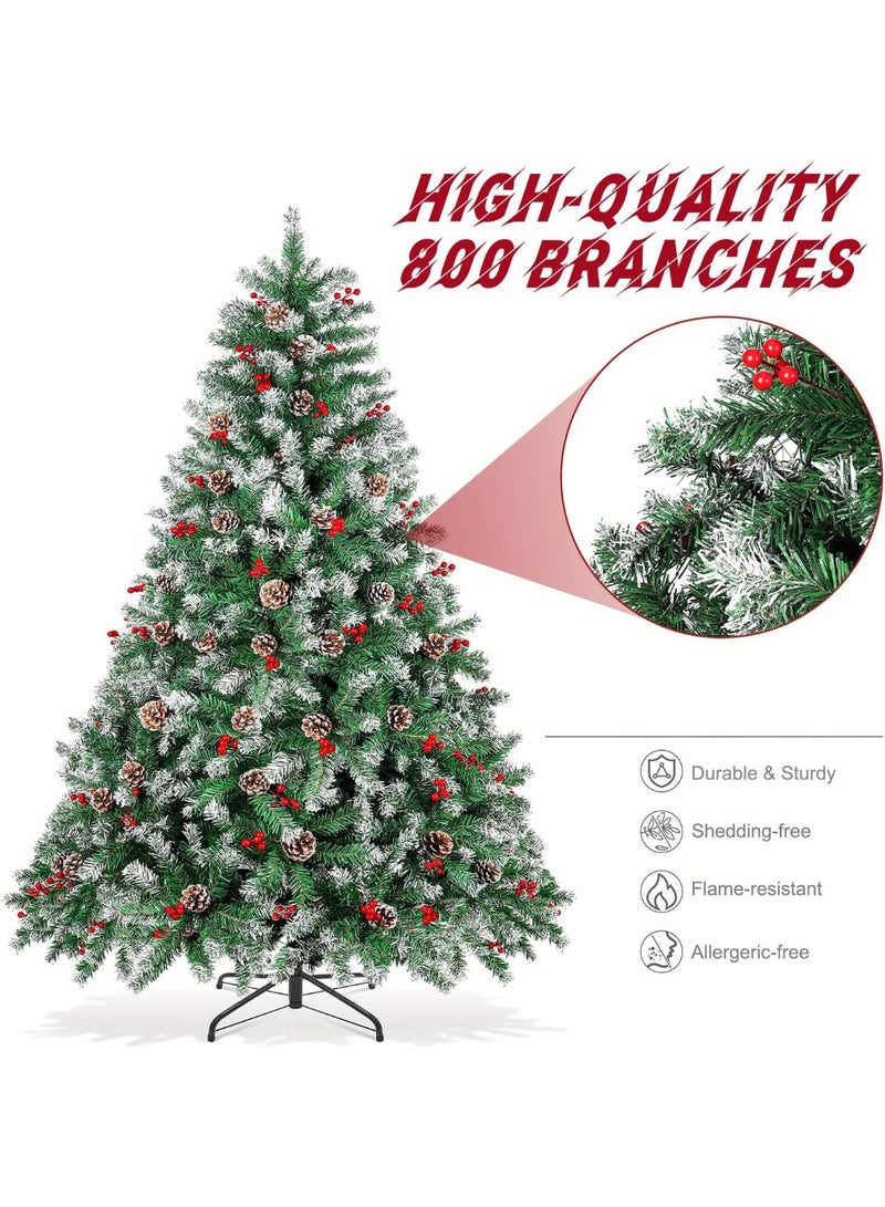 Y&D Artificial Christmas Tree, 6Ft Snow Flocked Xmas Tree with Mixed 850 Branch Tips, Red Holly Berries, Metal Stand, Easy Assembly for Home, Office, Holiday - Image 5