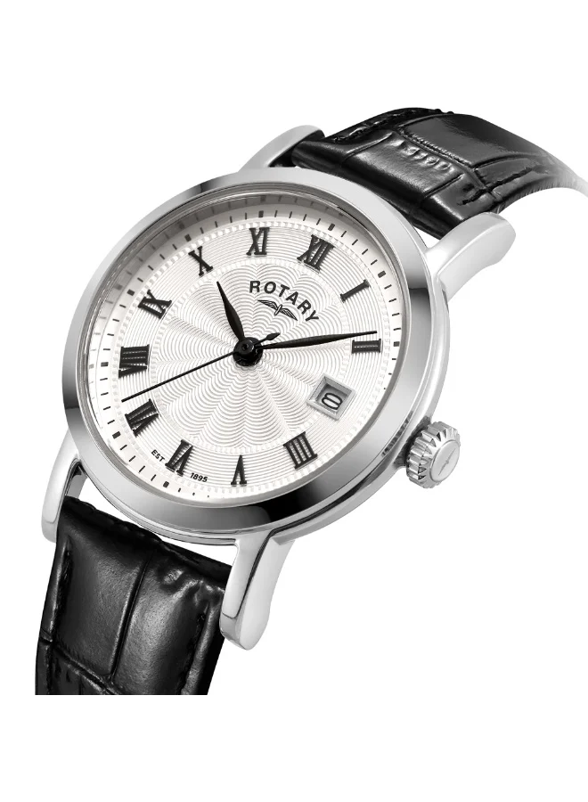 ROTARY Rotary Ladies Heritage White Roman Numeral Dial Stainless Steel Black Leather Strap Watch - LS05420/01