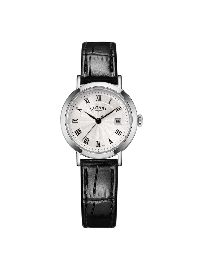 ROTARY Rotary Ladies Heritage White Roman Numeral Dial Stainless Steel Black Leather Strap Watch - LS05420/01