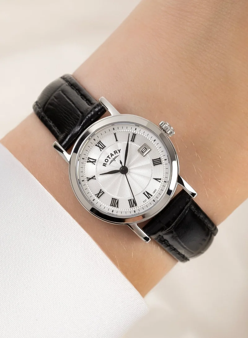 Rotary  Women's Heritage Analogue Watch, 27 mm, Silver Dial, Black Leather Strap for Women | Best Price UAE