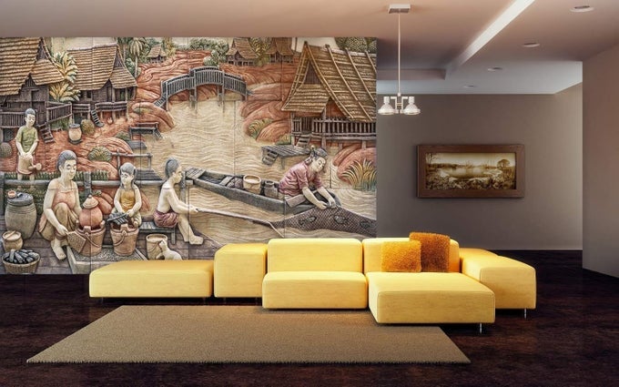 3D PRINT LATEST DOOR LIVING ROOM BED ROOM HOME HALL WALL STICKERS SHEET ROLL MURAL BEAUTIFUL VILLAGE AND WORKING PEOPLES MURAL WALLPAPER FOR WALLS LIVING ROOM VINYL SELF ADHESIVE 60X48 INCHES NONW5401095