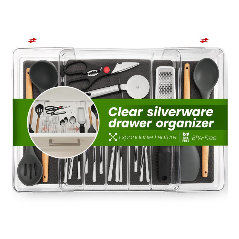 Masirs Expandable Utensil Drawer Organizer - BPA-Free Plastic Clear Silverware Tray with Multiple Compartments - Non-Slip Cutlery Storage for Kitchen, Bathroom, or Office Drawers (Black) - Image 1