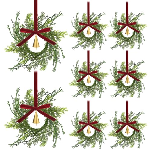 Knitgrip 12 Sets Mini Christmas Wreath for Cabinets 787 Inch Artificial Cypress Cedar Wreath with Vintage Cow Bells Ribbon for Xmas DIY Craft Kitchen Chair Window Fireplace Wall DecorRed - Image 1