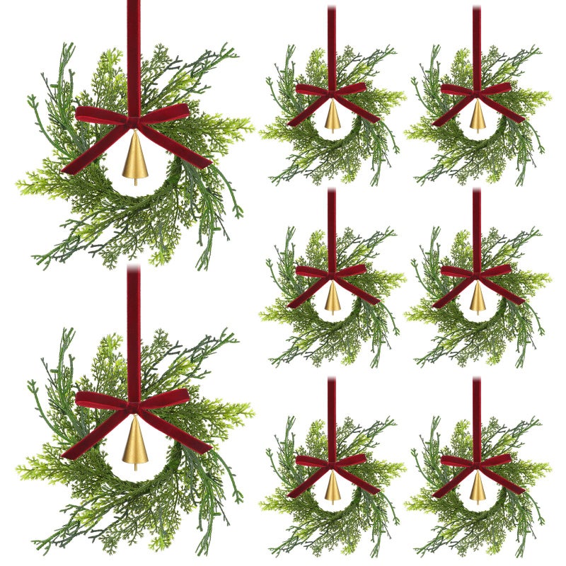 Knitgrip 12 Sets Mini Christmas Wreath for Cabinets 787 Inch Artificial Cypress Cedar Wreath with Vintage Cow Bells Ribbon for Xmas DIY Craft Kitchen Chair Window Fireplace Wall DecorRed - Image 2