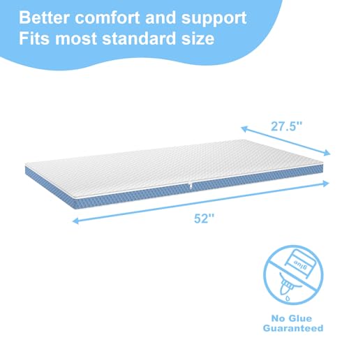 pareler bear 2"x27.5"x52" Mattress Topper, Ultra-Soft Gel-Infused Memory Foam, Odorless & Noiseless Water-Proof Surface, Detachable and Washable Outer Cover, Pure White & Blue - Image 2