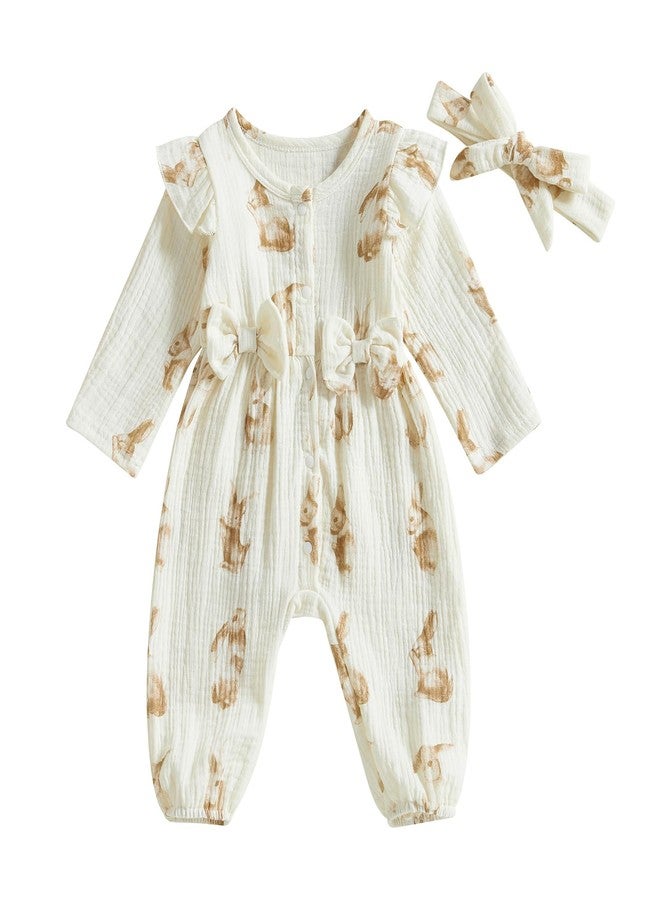 Fuethsuy Newborn Baby Girl Easter Clothes Carrot Bunny Ruffle Long Sleeve Romper Jumpsuit Headband Bodysuit Spring Outfit (Apricot 1, 0-3 Months) - Image 1