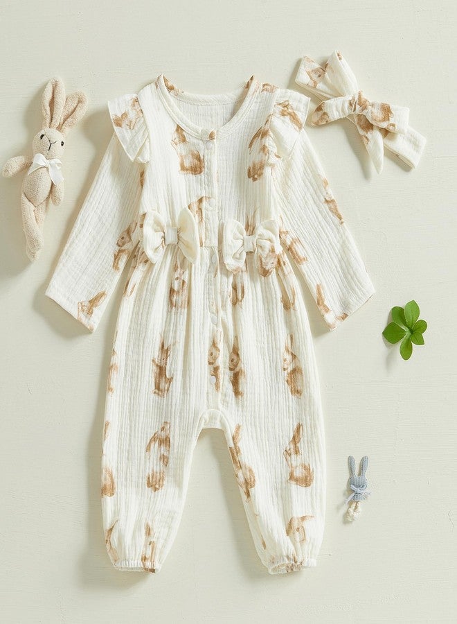 Fuethsuy Newborn Baby Girl Easter Clothes Carrot Bunny Ruffle Long Sleeve Romper Jumpsuit Headband Bodysuit Spring Outfit (Apricot 1, 0-3 Months) - Image 2