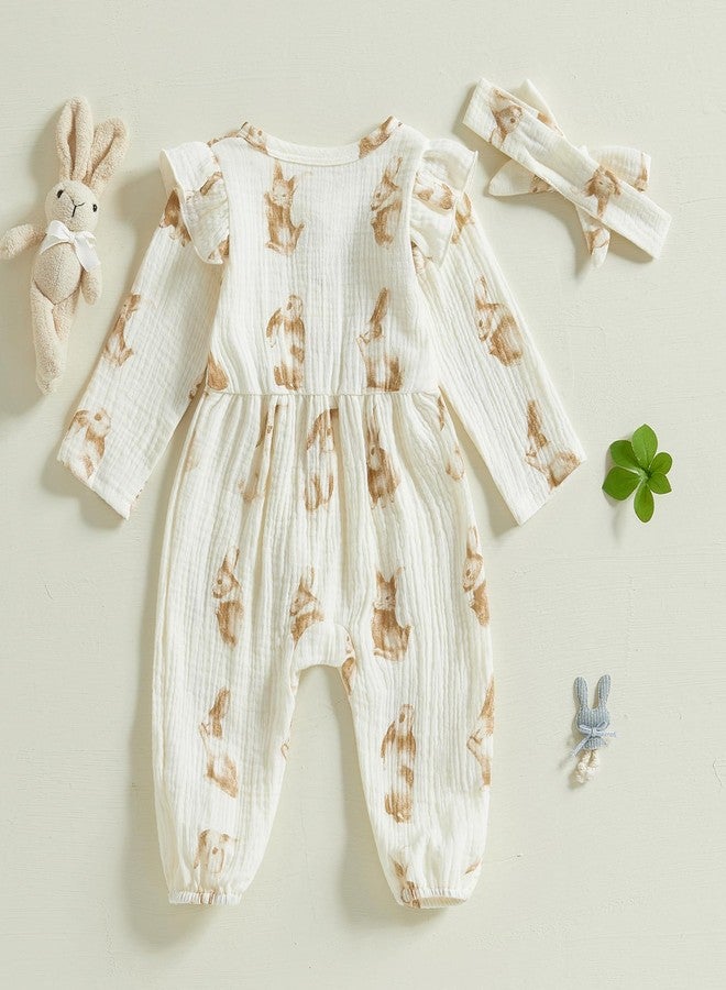 Fuethsuy Newborn Baby Girl Easter Clothes Carrot Bunny Ruffle Long Sleeve Romper Jumpsuit Headband Bodysuit Spring Outfit (Apricot 1, 0-3 Months) - Image 3