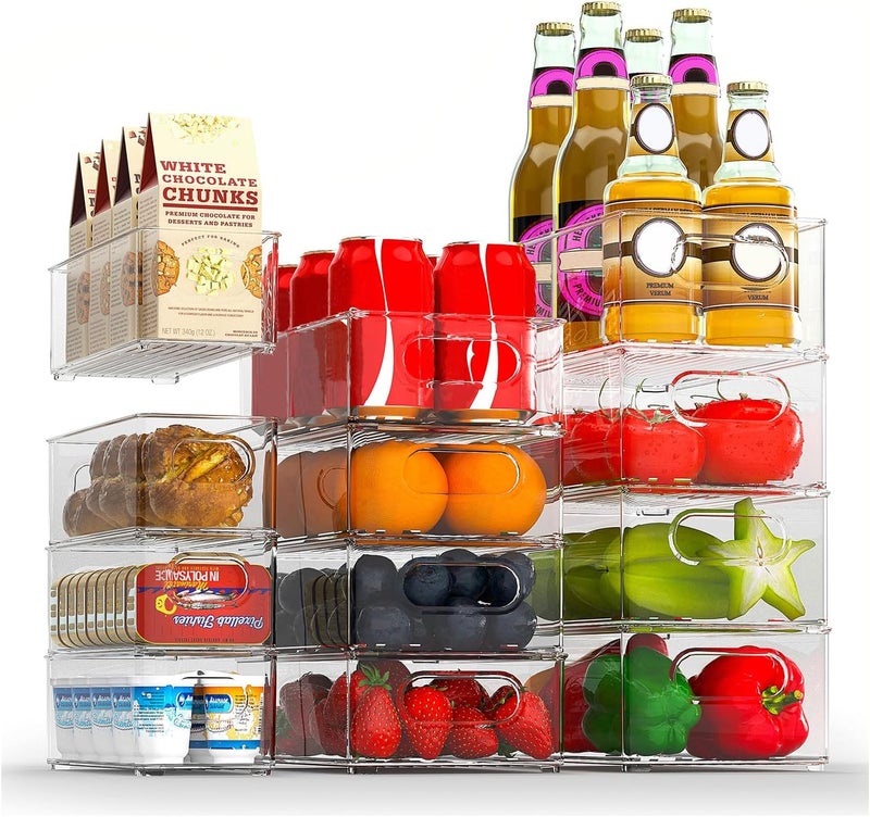Finew Fridge Organiser Set of 12 (4 Small, 4 Medium, 4 Large), Stackable Fridge Container, Transparent Storage Box for Kitchen, Pantry, Cupboards, Sinks, Bathroom - BPA Free - Image 1