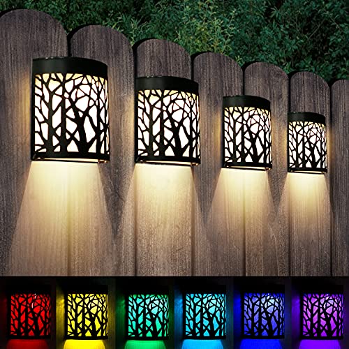DenicMic Solar Wall Lights Outdoor Wall Sconce Fence Lighting for Patio Front Door Yard Deck Stair Led Forest Decorative Lamps, Waterproof, Warm White Color Changing (4 Pack) - Image 1