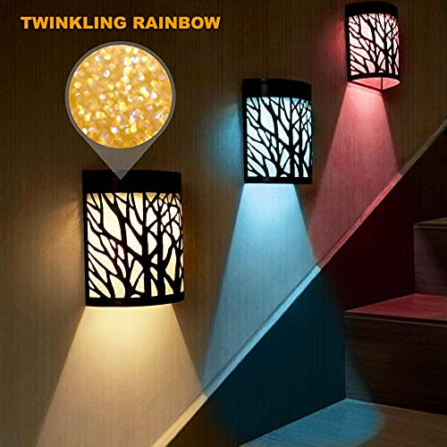 DenicMic Solar Wall Lights Outdoor Wall Sconce Fence Lighting for Patio Front Door Yard Deck Stair Led Forest Decorative Lamps, Waterproof, Warm White Color Changing (4 Pack) - Image 5