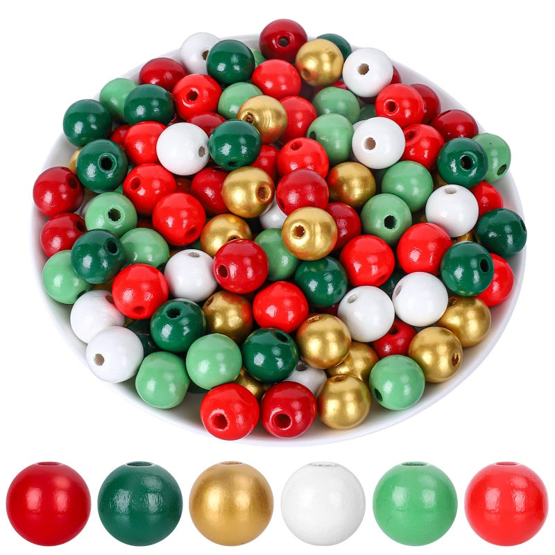 Whaline 240Pcs Christmas Wooden Beads Xmas Natural Red Green Gold Round Beads with Holes Colorful Rustic Craft Bead for DIY Making Bracelet Necklace Farmhouse Home Decor