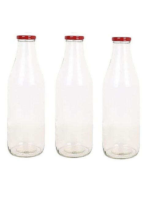 Mkd2 Rise Set of 3 500 ml Each Glass Milk Bottle With Red Metal Lid for Water Smoothie Juices Reusable Suitable For Fridge Storage