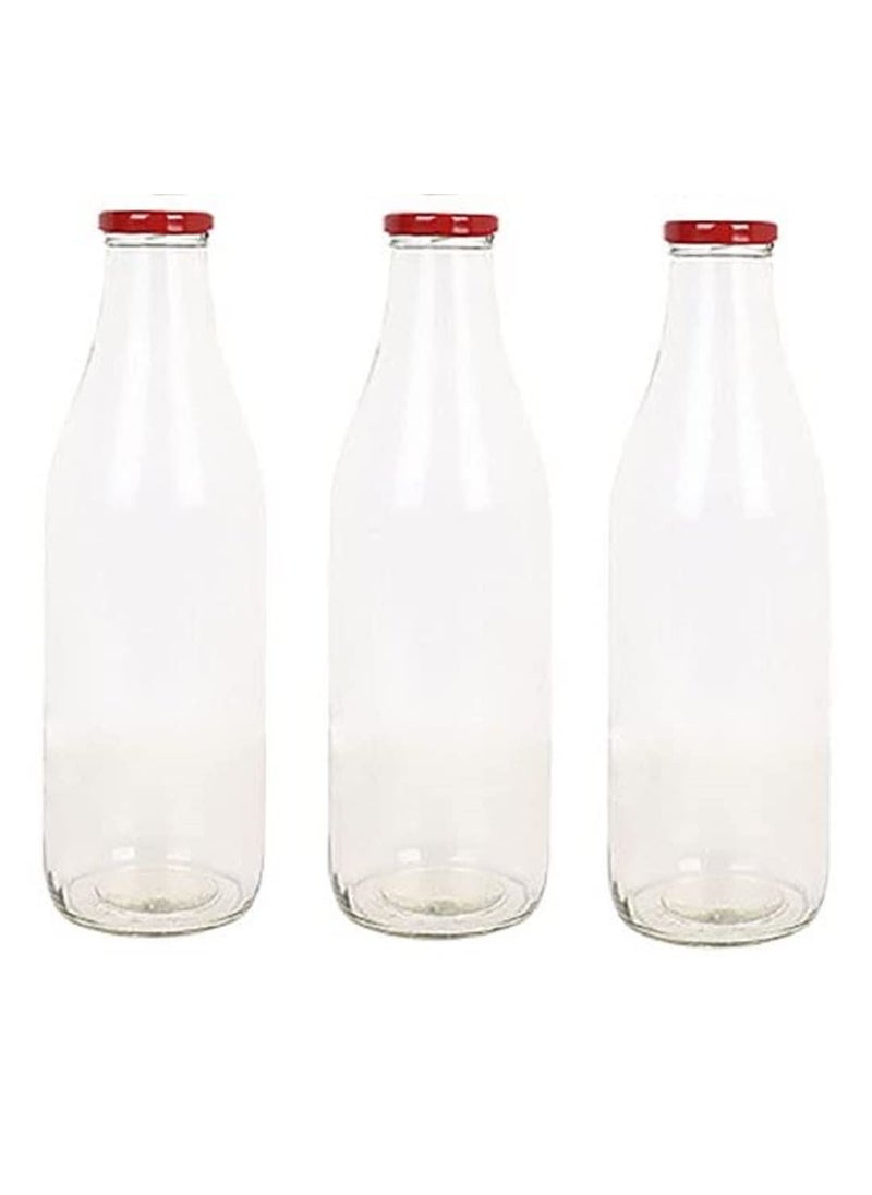 Mkd2 Rise Mkd2 Rise Set of 3 500 ml Each Glass Milk Bottle With Red Metal Lid for Water Smoothie Juices Reusable Suitable For Fridge Storage 