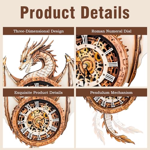 Artipuz 3D Wooden Puzzles for Adults Dragon Clock 3D Puzzles Art and Craft Kits Unique Shape Wood Clock for Adults Handmade Model Building Kit DIY Hobbies Gifts for Family Wall Art Home Decor - Image 5