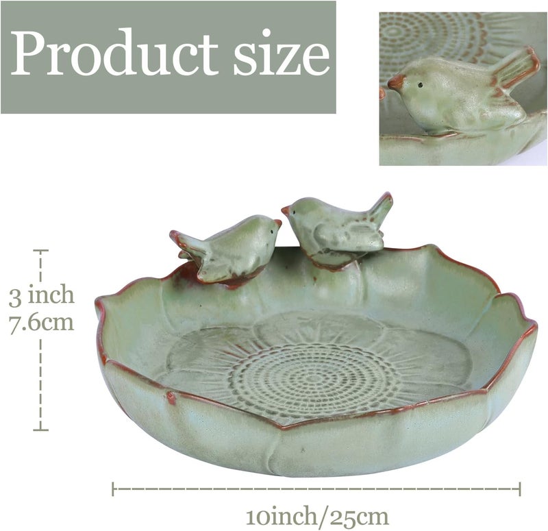 UANYEMON Ceramic Bird Bath Bowl with Perched Birds - Premium Outdoor Tabletop Birdbath Basin in Weather-Resistant Glaze - Usable on Ground, Deck or Tabletop - Image 2