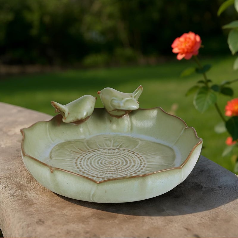 UANYEMON Ceramic Bird Bath Bowl with Perched Birds - Premium Outdoor Tabletop Birdbath Basin in Weather-Resistant Glaze - Usable on Ground, Deck or Tabletop - Image 4